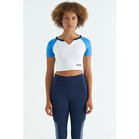 Tommylife 97270 Beyaz Renk Bloklu Logo Baskılı O Yaka Dar Kalıp Kadın Crop T-Shirt