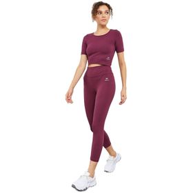 Tommylife Bordo Yüksek Bel Kapri-Crop T-Shirt Slim Fit Kadın Tayt Takım
