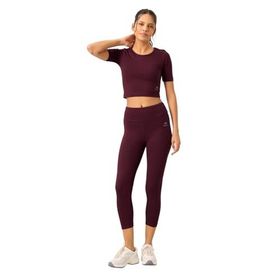 Tommylife Bordo Yüksek Bel Kapri-Crop T-Shirt Slim Fit Kadın Tayt Takım