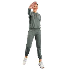 Tommylife Gri Melanj Kapüşonlu Kanguru Cep Oversize Lastik Paça Kadın Eşofman Takımı