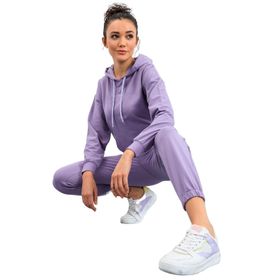 Tommylife Gri Melanj Kapüşonlu Kanguru Cep Oversize Lastik Paça Kadın Eşofman Takımı