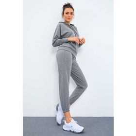 Tommylife Gri Melanj Kapüşonlu Kanguru Cep Oversize Lastik Paça Kadın Eşofman Takımı