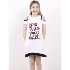 Toontoy Be Wh Are Baskılı Beyaz Kız Çocuk Elbise