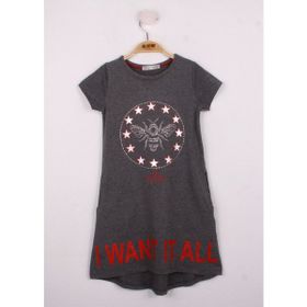 Toontoy I Want It All Baskılı Antrasit Melanj Kız Çocuk Elbise