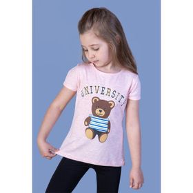 Toontoy Kids Ayıcık ve Yazı Baskılı Taş İşlemeli Pembe Melanj Kız Çocuk T-shirt