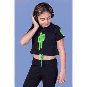 Toontoy Kids Crop Model Baskılı Taş İşlemeli Siyah Kız Çocuk T-shirt