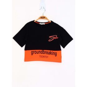 Toontoy Kids Düşük Kol Garni Detaylı Baskılı Siyah Kız Çocuk T-shirt