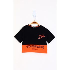 Toontoy Kids Düşük Kol Garni Detaylı Baskılı Siyah Kız Çocuk T-shirt