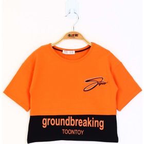 Toontoy Kids Düşük Kol Garni Detaylı Baskılı Turuncu Kız Çocuk T-shirt