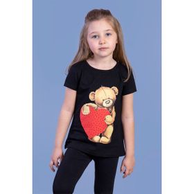 Toontoy Kids Kalpli Ayıcık Baskılı Taş İşlemeli Siyah Kız Çocuk T-shirt