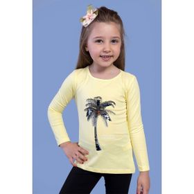 Toontoy Kids Palmiye Baskılı Pul İşlemeli Sarı Kız Çocuk T-shirt