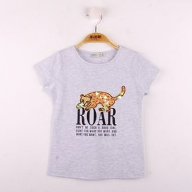 Toontoy Leopar Baskılı Pullu Gri Melanj Kız Çocuk T-shirt