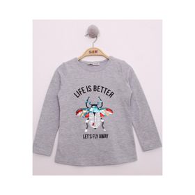 Toontoy Pullu Uğur Böceği Nakışlı Gri Melanj Kız Çocuk T-shirt