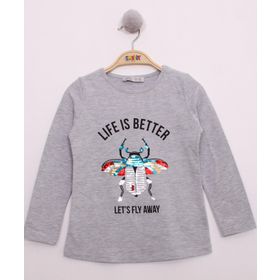Toontoy Pullu Uğur Böceği Nakışlı Gri Melanj Kız Çocuk T-shirt