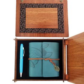 Toptanbulurum Ahşap Kutulu Mavi Deri Defter Kalem Seti