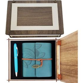 Toptanbulurum Özel Ahşap Kutulu Mavi Deri Defter ve Kalem Seti