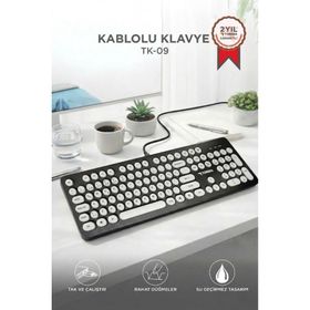 Torima TK09 Retro Kablolu Siyah Beyaz Daktilo Görünümlü Q Klavye