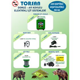 Torsan Pro 500 Adaptörlü 220V Domuz Ayı Kovucu 500 mt Elektrikli Çit Sistemi