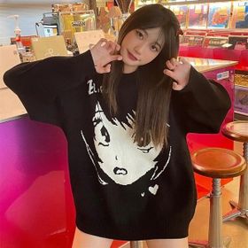 Touz Moda Anime Girl Harajuku Vintage Streetwear Siyah Unisex Kazak