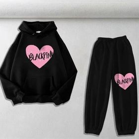 Touz Moda Blackpink Baskılı Siyah Oversize Kapüşonlu Sweatshirt Eşofman Altı Unisex İkili Takım