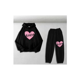 Touz Moda Blackpink Baskılı Siyah Oversize Kapüşonlu Sweatshirt Eşofman Altı Unisex İkili Takım