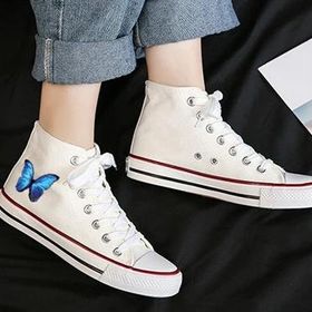 Touz Moda Blue Butterfly Baskılı Beyaz Unisex Kanvas Ayakkabı