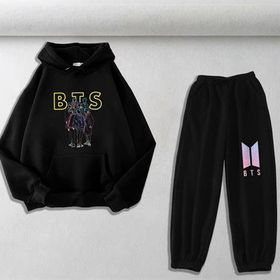 Touz Moda BTS Baskılı Siyah Oversize Kapüşonlu Sweatshirt Eşofman Altı Unisex İkili Takım