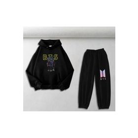 Touz Moda BTS Baskılı Siyah Oversize Kapüşonlu Sweatshirt Eşofman Altı Unisex İkili Takım