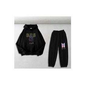 Touz Moda BTS Baskılı Siyah Oversize Kapüşonlu Sweatshirt Eşofman Altı Unisex İkili Takım