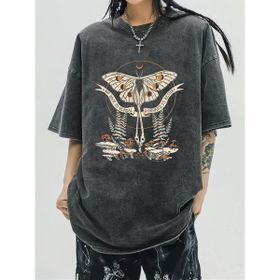 Touz Moda Butterfly and Mushrooms Yıkmalı Eskitme Antrasit Unisex T-Shirt