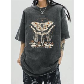Touz Moda Butterfly and Mushrooms Yıkmalı Eskitme Antrasit Unisex T-Shirt