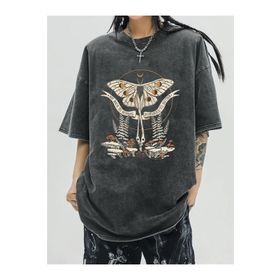 Touz Moda Butterfly and Mushrooms Yıkmalı Eskitme Antrasit Unisex T-Shirt