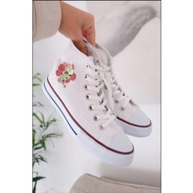 Touz Moda Flower Skull Baskılı Beyaz Kanvas Ayakkabı