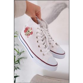 Touz Moda Flower Skull Baskılı Beyaz Kanvas Ayakkabı