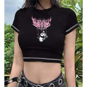 Touz Moda Gothic Harajuku Fashion Anime Kuromi Sanrio Yarım Siyah Kadın T-Shirt