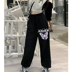 Touz Moda Gothic Purple Butterfly Baskılı Oversize Siyah Unisex Eşofman Altı