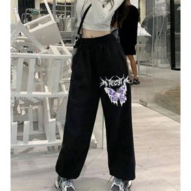 Touz Moda Gothic Purple Butterfly Baskılı Oversize Siyah Unisex Eşofman Altı