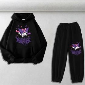 Touz Moda Harajuku Kuromi Baskılı Siyah Oversize Kapüşonlu Sweatshirt&Eşofman Altı Unisex İkili Takım