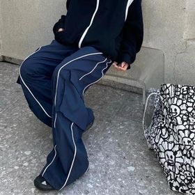 Touz Moda Harajuku Lines Detail Cargo Pocket Dark Navy Tracksuit Lacivert Kadın Eşofman Altı