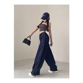 Touz Moda Harajuku Zip Detail Çift Çizgili Navy Blue Tracksuit Oversize Lacivert Kadın Eşofman Altı