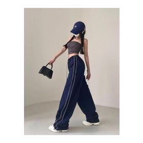 Touz Moda Harajuku Zip Detail Çift Çizgili Navy Blue Tracksuit Oversize Lacivert Kadın Eşofman Altı