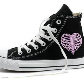 Touz Moda Heart Rib Baskılı Siyah Unisex Kanvas Ayakkabı