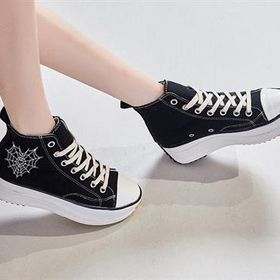 Touz Moda Heart Spider Web Baskılı Yüksek Tabanlı Siyah Kanvas Ayakkabı