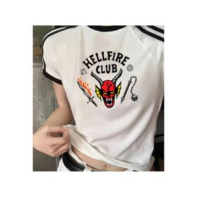 Touz Moda Hellfire Club Baskılı Reglan Kol Beyaz Crop Kadın T-Shirt