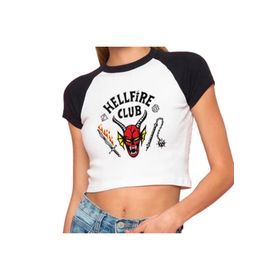 Touz Moda Hellfire Club Baskılı Reglan Kol Beyaz Crop Kadın T-Shirt