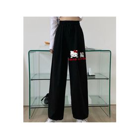 Touz Moda Hello Kitty Baskılı Oversize Siyah Unisex Eşofman Altı