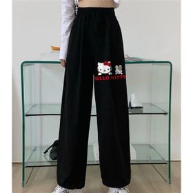 Touz Moda Hello Kitty Baskılı Oversize Siyah Unisex Eşofman Altı