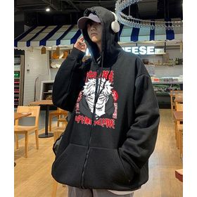 Touz Moda Jujutsu Kaisen Poster Baskılı Oversize Fermuarlı Siyah Kapüşonlu Unisex Hırka