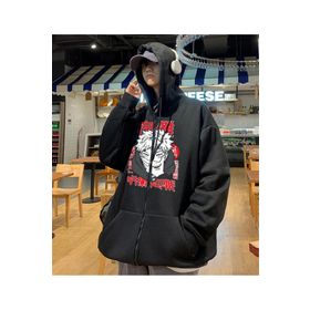 Touz Moda Jujutsu Kaisen Poster Baskılı Oversize Fermuarlı Siyah Kapüşonlu Unisex Hırka
