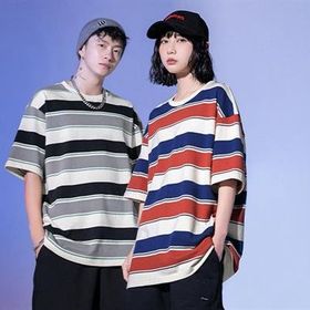 Touz Moda Kırmızı Mavi Çizgili Beyaz Unisex Oversize T-shirt